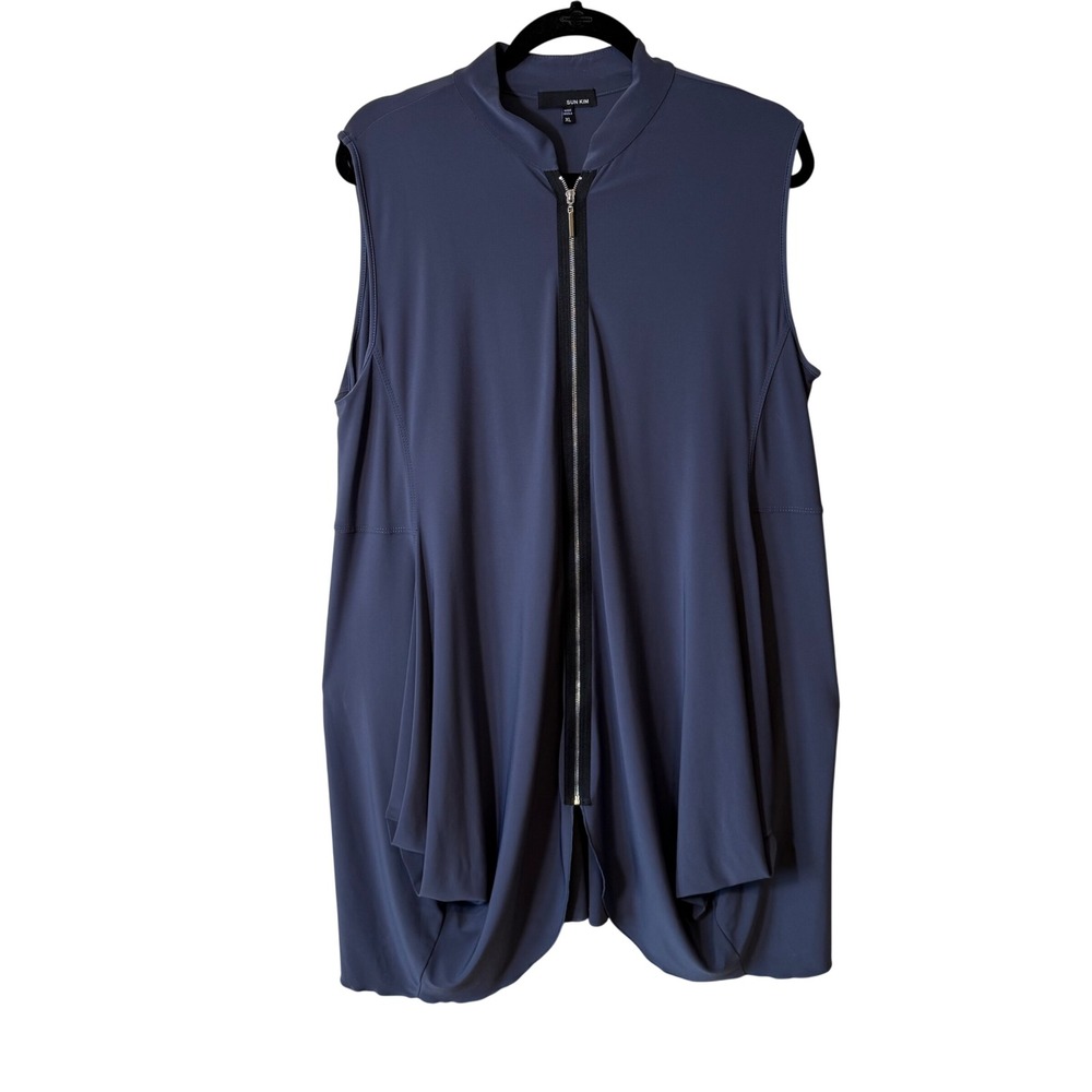 Sun Kim Slate Blue Zip Front‎ Sleeveless Drape Bubble Hem Tunic Top XL Lagenlook